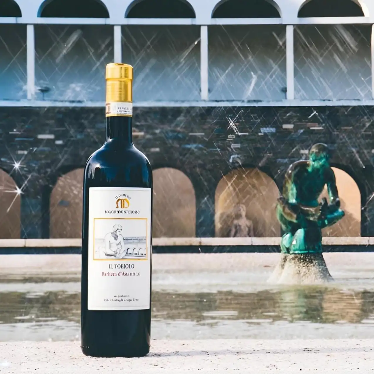 Il Tobiolo, Barbera d’Asti, davanti alla vasca con il bronzo di Arturo Martini a Villa Ottolenghi