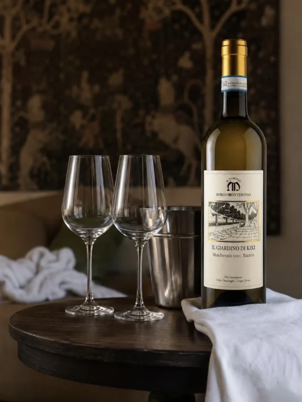 Il Giardino di Kiki, Monferrato DOC Bianco, con due calici in una sala di Villa Ottolenghi Wedekind ad Acqui Terme